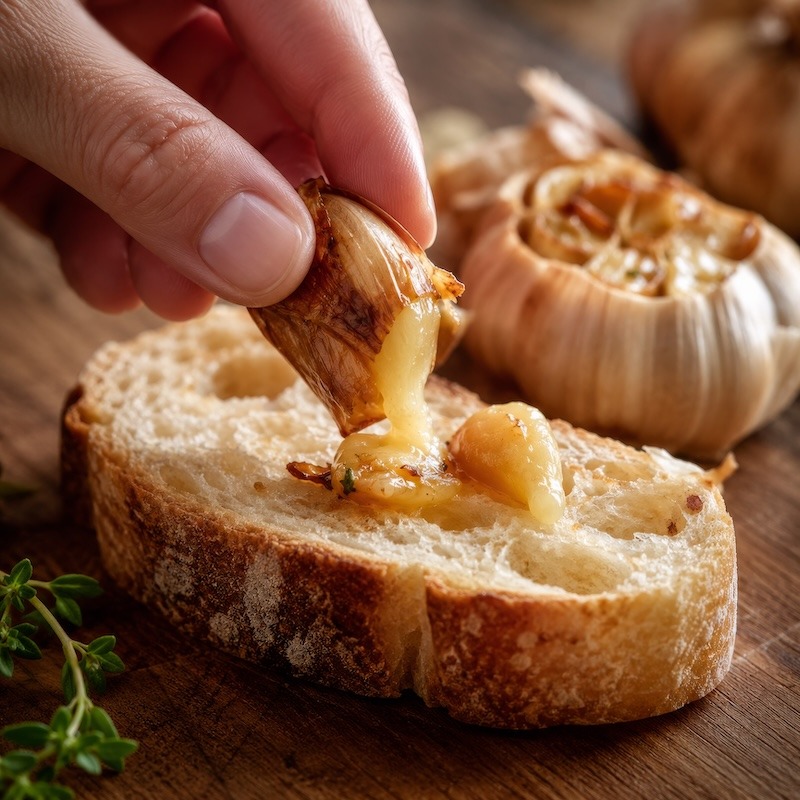 Squeezing roasted garlic on bread