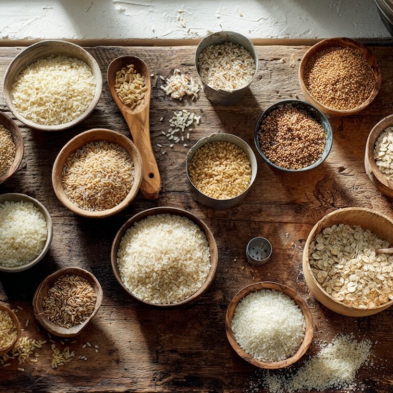 a rustic wooden kitchen table showing neat side-by-side rows of dry grains transforming into cooked grains