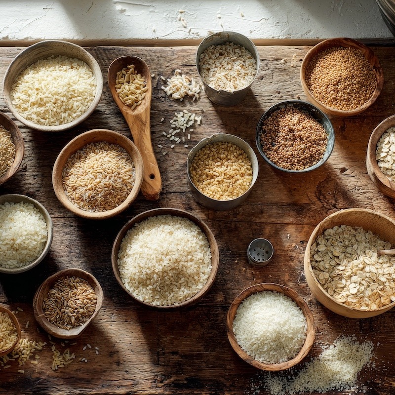 a rustic wooden kitchen table showing neat side-by-side rows of dry grains transforming into cooked grains