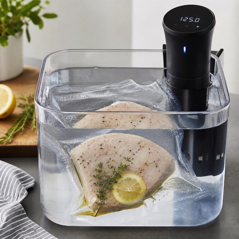 Swordfish in a vaccum sealed bag in a sous vide bath