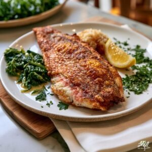 A whole pan-fried red snapper fillet, skin-on and crisped golden-brown, plated