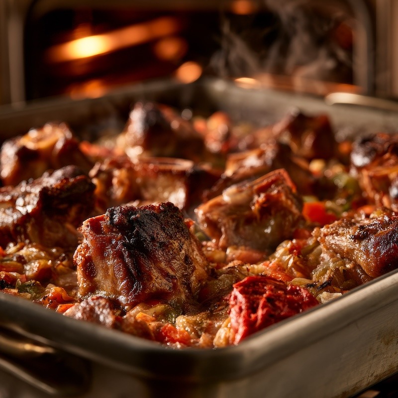 veal bones and mirepoix roasting in a heavy roasting pan