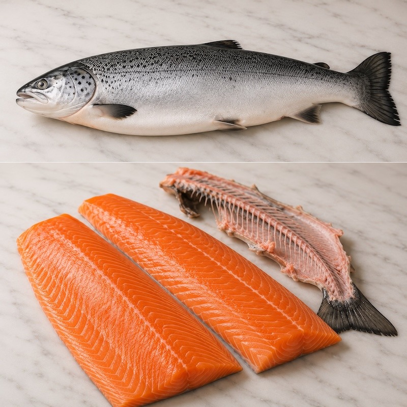 Whole salmon with filet underneath it