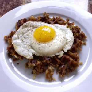 thanksgiving stuffing waffle with fried egg