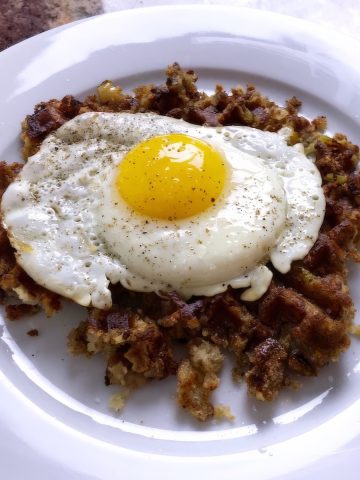 thanksgiving stuffing waffle with fried egg