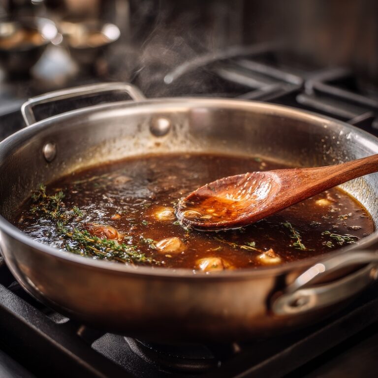 A stainless steel sautepan on a gas burner with a deeply amber Marsala sauce reducing