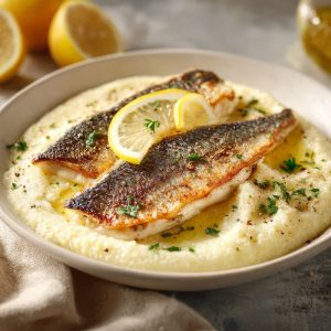 Pan-fried branzino fillets with crispy golden skin, plated over creamy grits.