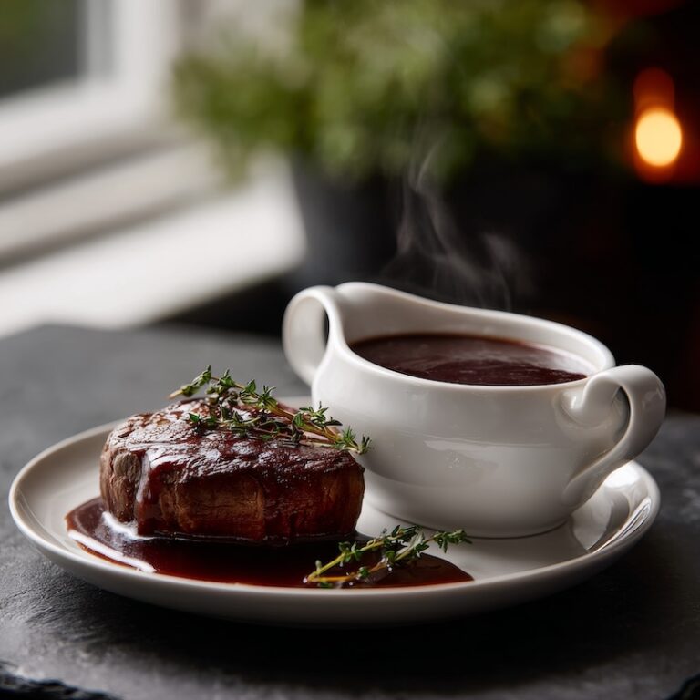 A small white sauce boat filled with glossy deep mahogany Burgundy sauce