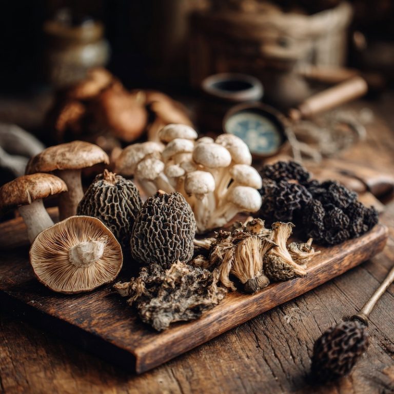 Side-by-side comparison of fresh mushrooms and dried mushrooms on a rustic cutting board.