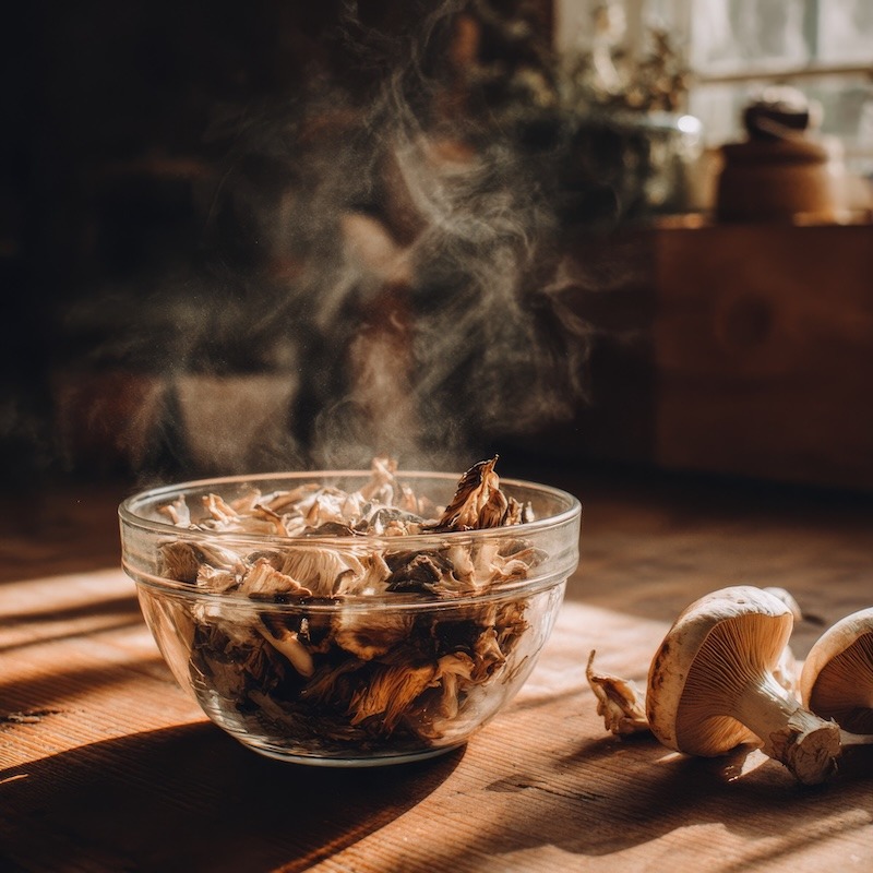 Dried mushrooms soaking in a glass bowl of warm water with fresh mushrooms beside it on a wooden countertop.