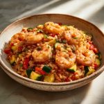 Spanish shrimp and rice, served in a wide, shallow, rustic ceramic bowl.