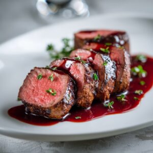 Elegant filet mignon sliced and plated with glossy red wine Chateaubriand sauce drizzled over