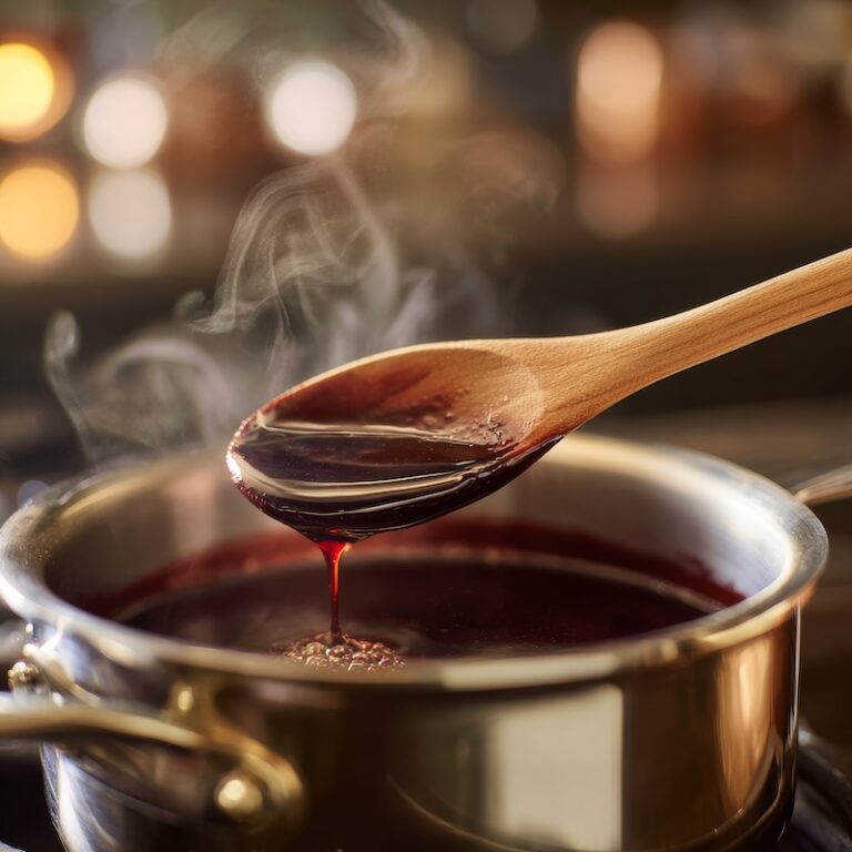 port wine sauce reducing in a stainless steel saucepan