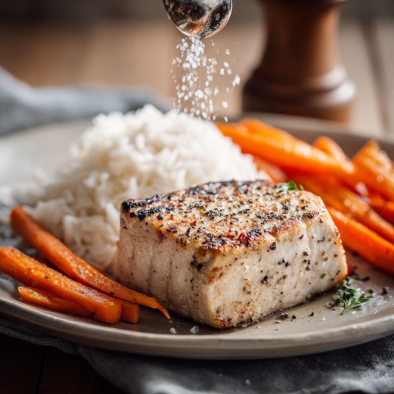 A perfectly cooked swordfish fillet on a plate, seasoned with a little salt