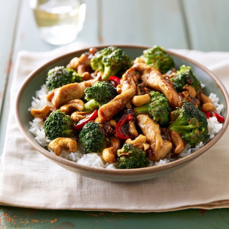 A wide bowl of chicken and broccoli stir fry over steamed jasmine rice, golden-edged chicken thigh strips and vivid green broccoli florets