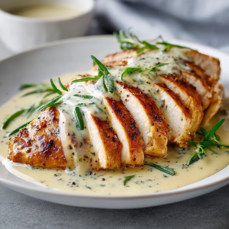 Creamy French tarragon sauce spooned over sliced pan-seared chicken breast on an elegant white porcelain plate