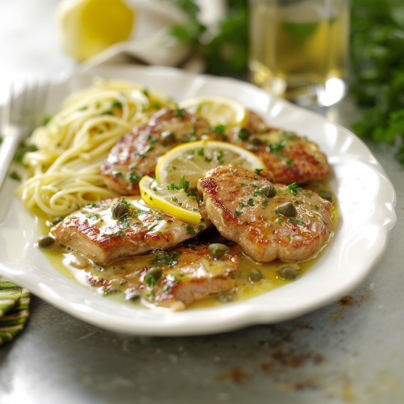 A white plate with veal francaise and a side of pasta