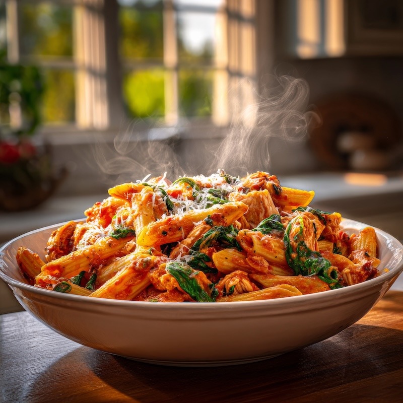 Chicken with tomato and pasta, rustic penne pasta tossed in a chunky tomato sauce.