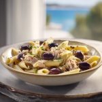 Penne pasta with olive oil-packed tuna, artichoke hearts, and Kalamata olives.