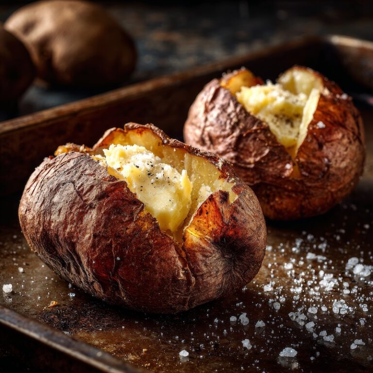 Perfect baked russet potato split open with fluffy steaming interior