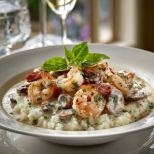 Shrimp Victoria, Gulf shrimp sauteed with mushrooms in a light creamy white wine sauce