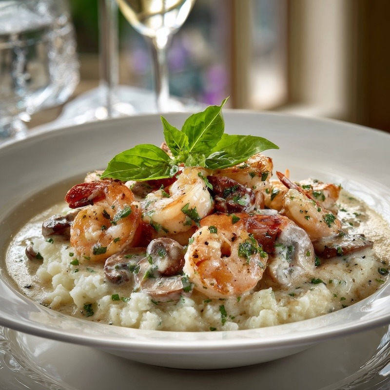 Shrimp Victoria, Gulf shrimp sauteed with mushrooms in a light creamy white wine sauce