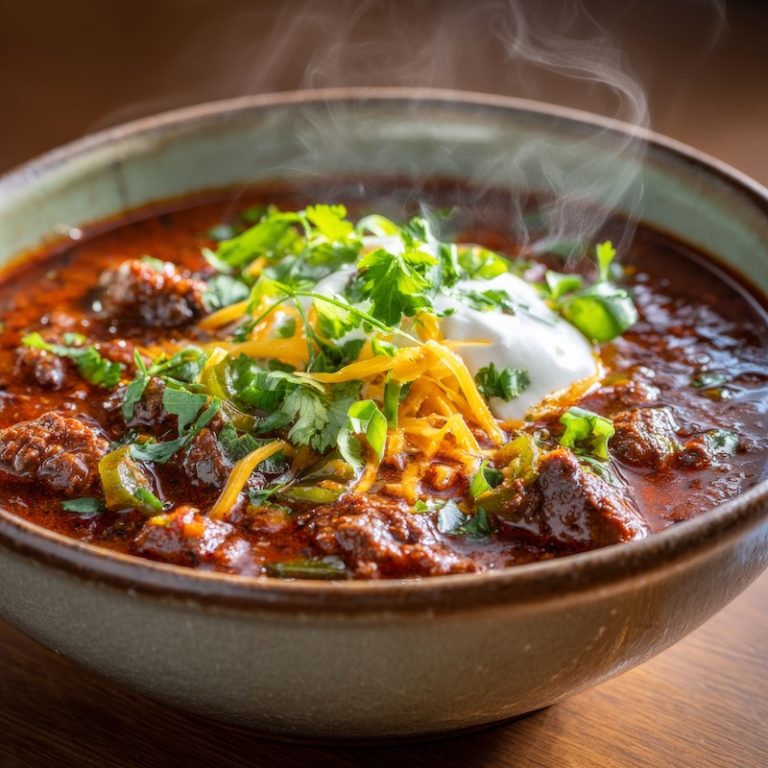 three-pepper beef chili in rustic bowl