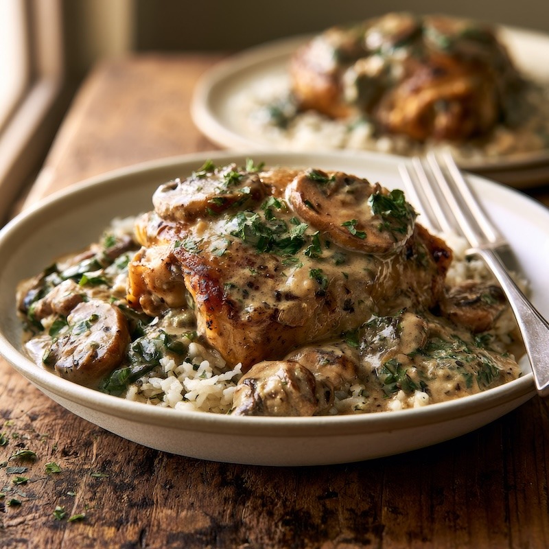 chicken thighs smothered in creamy mushroom and spinach sauce over rice