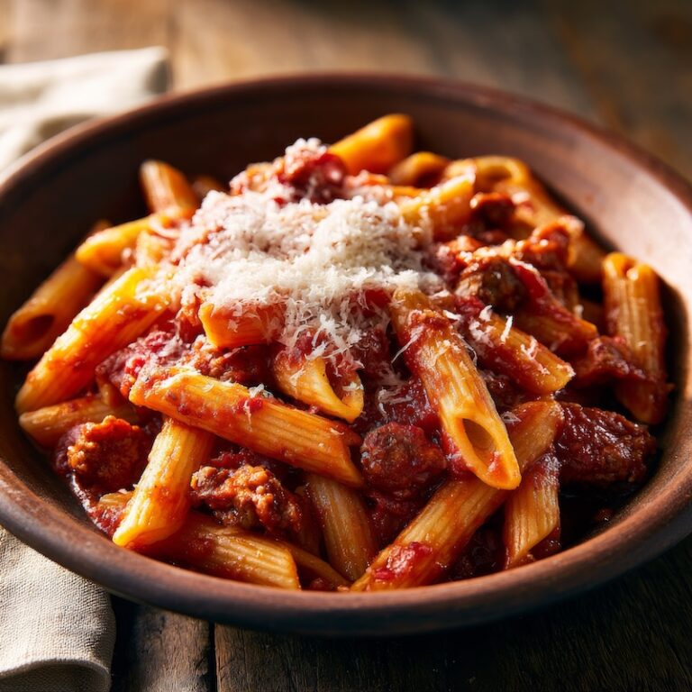 A bowl of penne pasta coated in deep red sausage tomato sauce