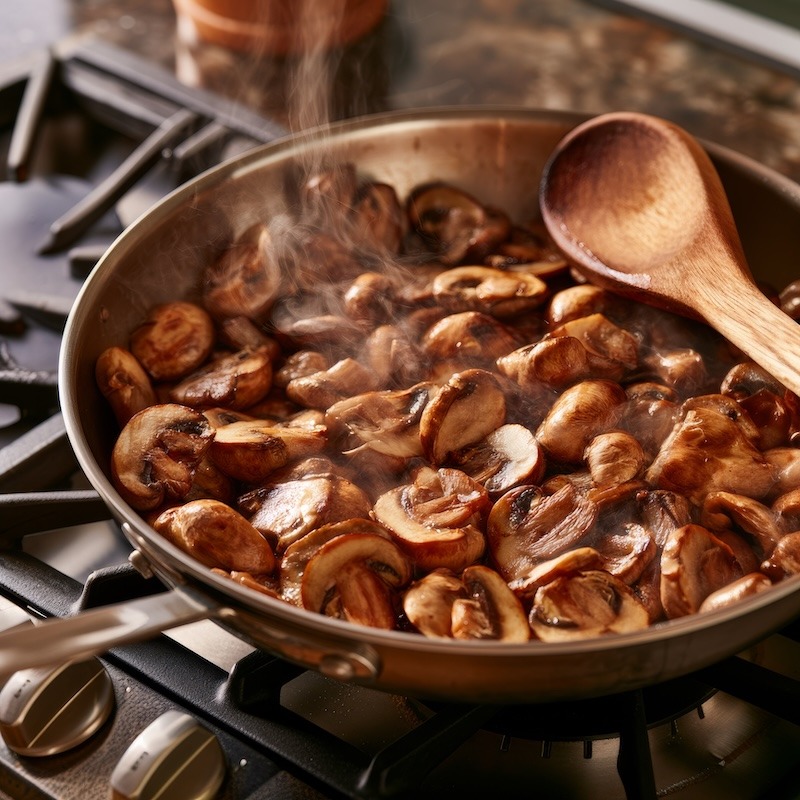 sliced mushrooms browning in a single layer in a stainless steel skillet