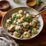 Bowl of ricotta gnudi covered with creamy mushroom and walnut sauce, bite-sized sauteed mushrooms and toasted walnuts.