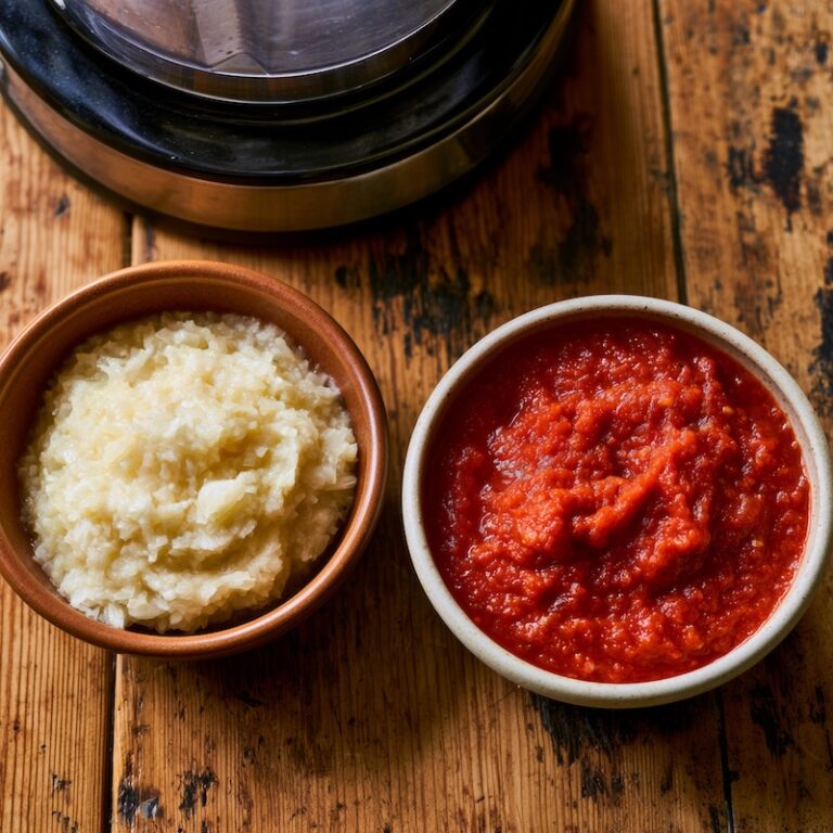 Two small bowls of separately pureed onion and tomato