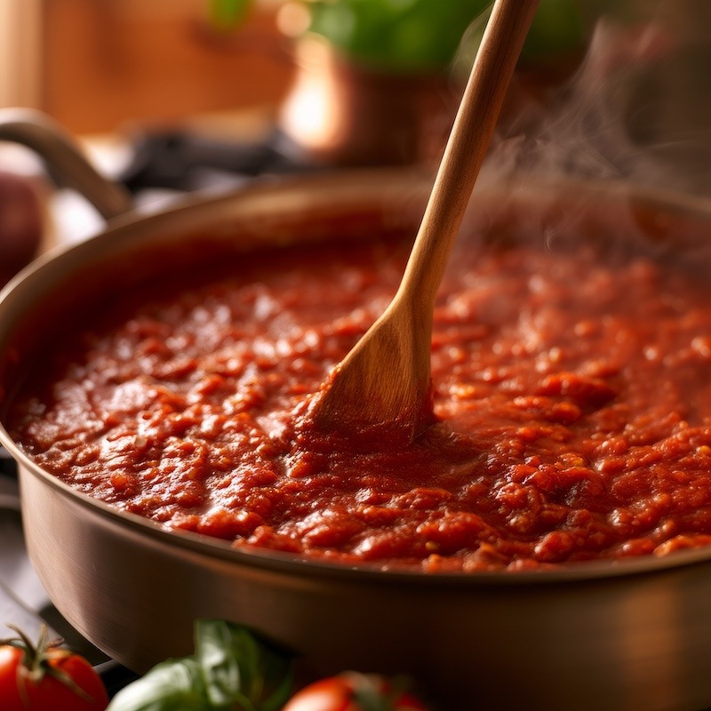 A deep pot of thick, dark red tomato sauce with a wooden spoon standing completely upright in the center,