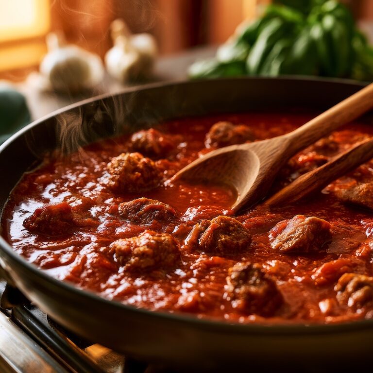 A wide saute pan with deep red tomato sauce simmering