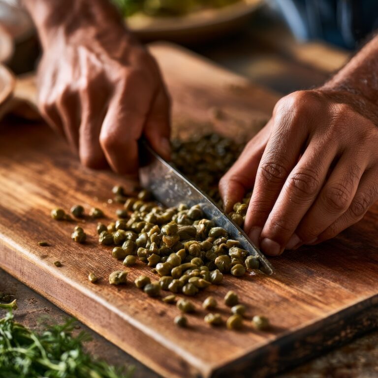 chopping capers on a wooden cutting board