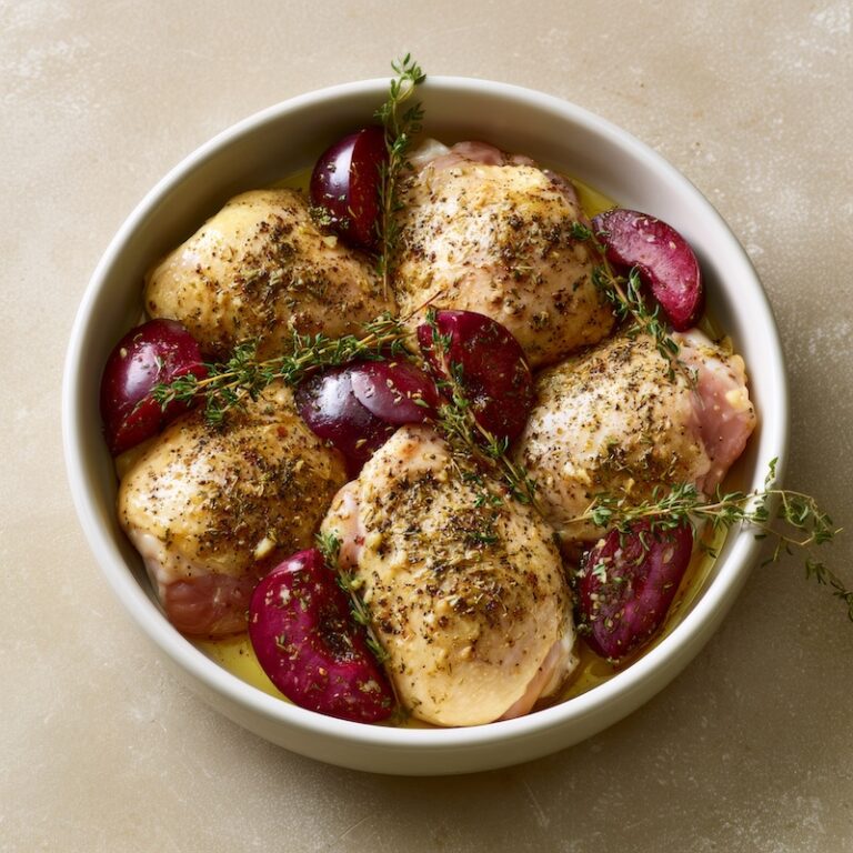 Raw chicken thighs coated in the fennel-honey-garlic marinade
