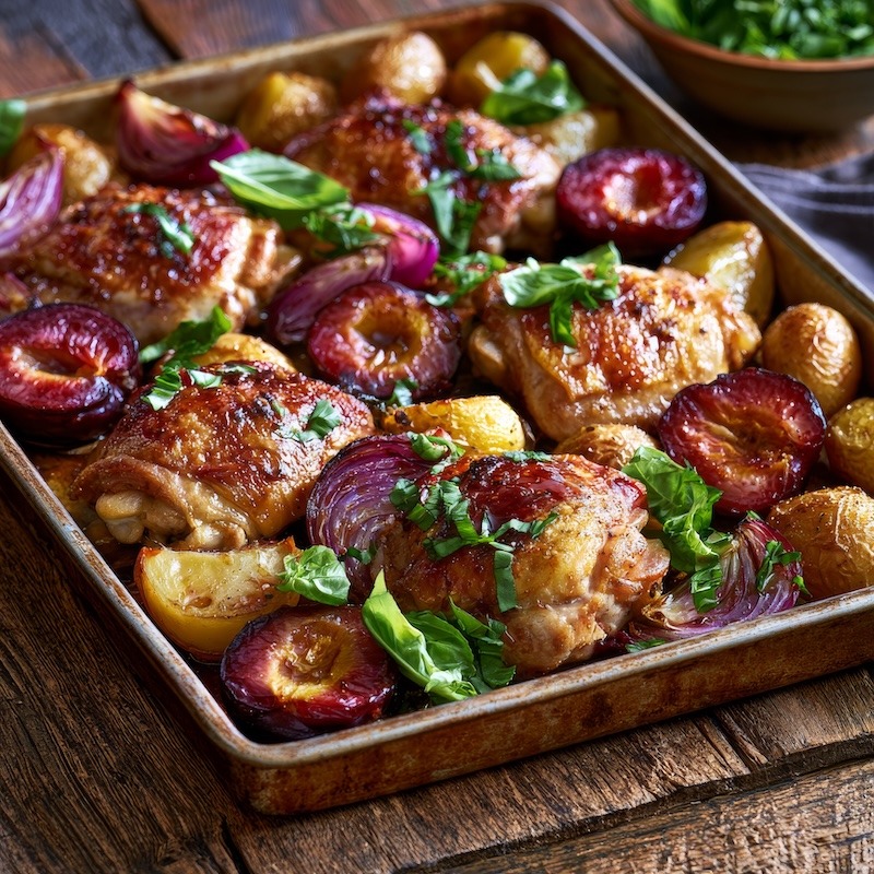 Roasted chicken thighs on a sheet pan with soft caramelized plums, red onion wedges, and new potatoes