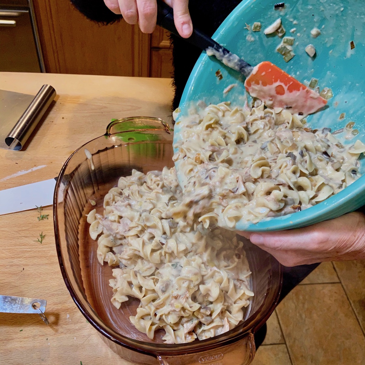 Adding Tuna Casserole to Pan