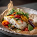A beautifully plated halibut en papillote, parchment paper slightly opened to reveal tender fish
