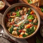 Bowl of Italian sausage and spinach soup in a rustic ceramic bowl, with visible chunks of sausage and cannellini beans.
