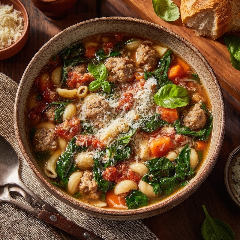 Bowl of Italian sausage and spinach soup in a rustic ceramic bowl, with visible chunks of sausage and cannellini beans.