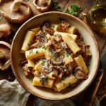 Rigatoni pasta tossed in creamy mushroom sauce in a rustic ceramic bowl.