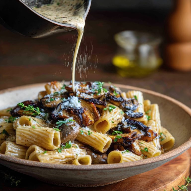 Adding mushroom sauce to rigatoni pasta