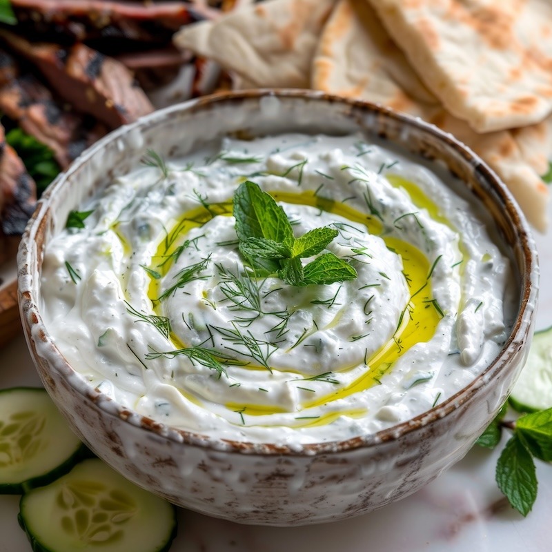 Mediterranean tzatziki sauce in a rustic ceramic bowl