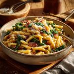 A bowl full of strozzapreti with guanciale sauce.