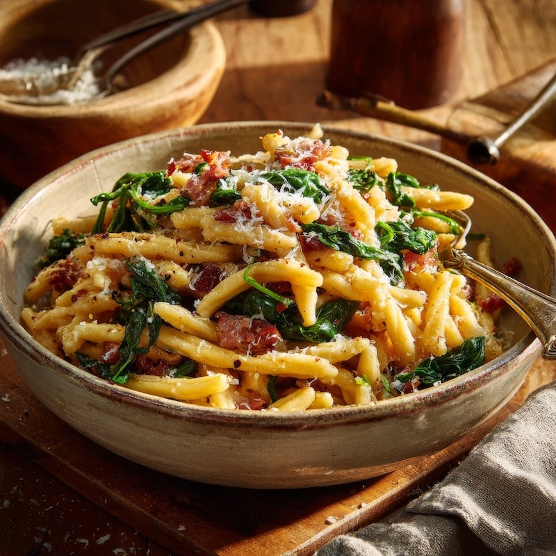 A bowl full of strozzapreti with guanciale sauce.