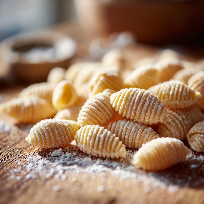 Uncooked cavatelli pasta, small ridged shell-shaped pasta pieces