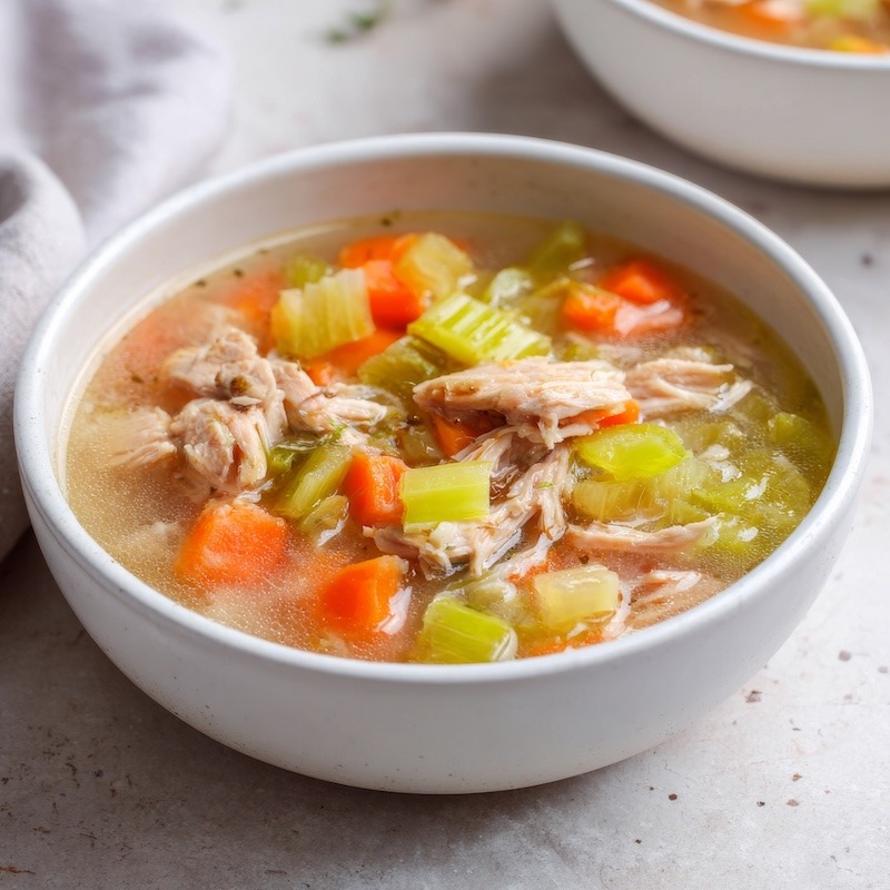 Tender chicken and celery stew for kids, finely chopped chicken thighs simmered with carrots, celery, and onion in a light tomato-infused chicken broth.