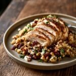 A plated dinner of sliced pan-seared chicken breast over a warm quinoa salad studded with dried cherries, toasted pistachios, and crumbled goat cheese