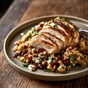 A plated dinner of sliced pan-seared chicken breast over a warm quinoa salad studded with dried cherries, toasted pistachios, and crumbled goat cheese